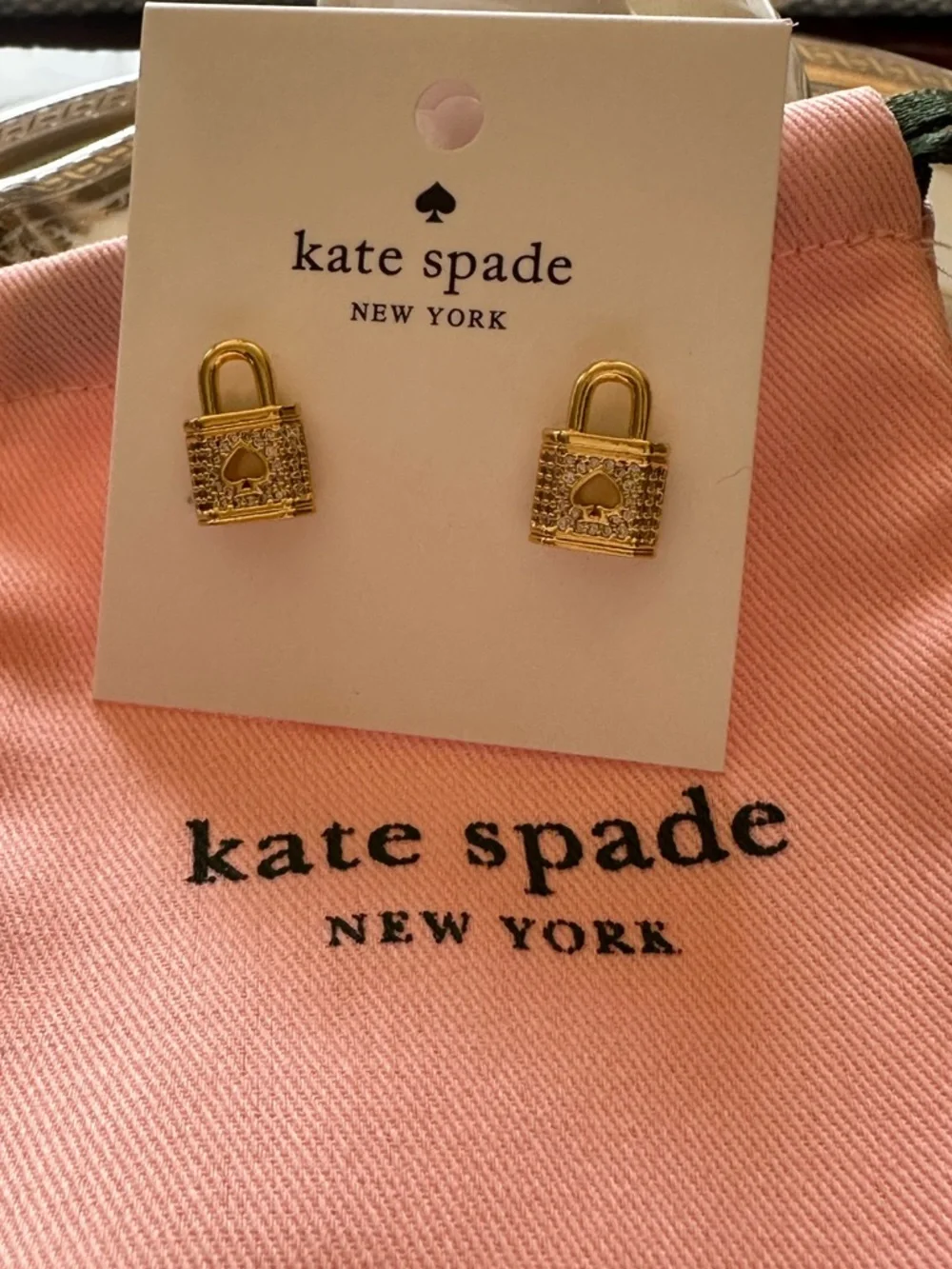 Kate‎ Spade NY Lock and Spade Pave’ gold stud earrings NWT
